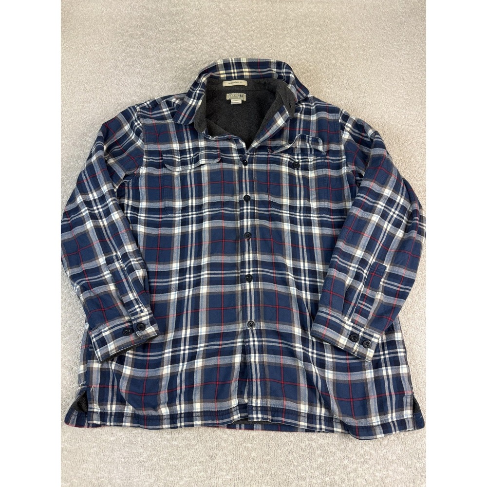 LL Bean Jacket Mens Large Blue Plaid Flannel Fleece Lined Button Down